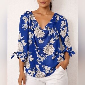 Dalia Blue & White Floral  Blouse | Romantic Tie Sleeves